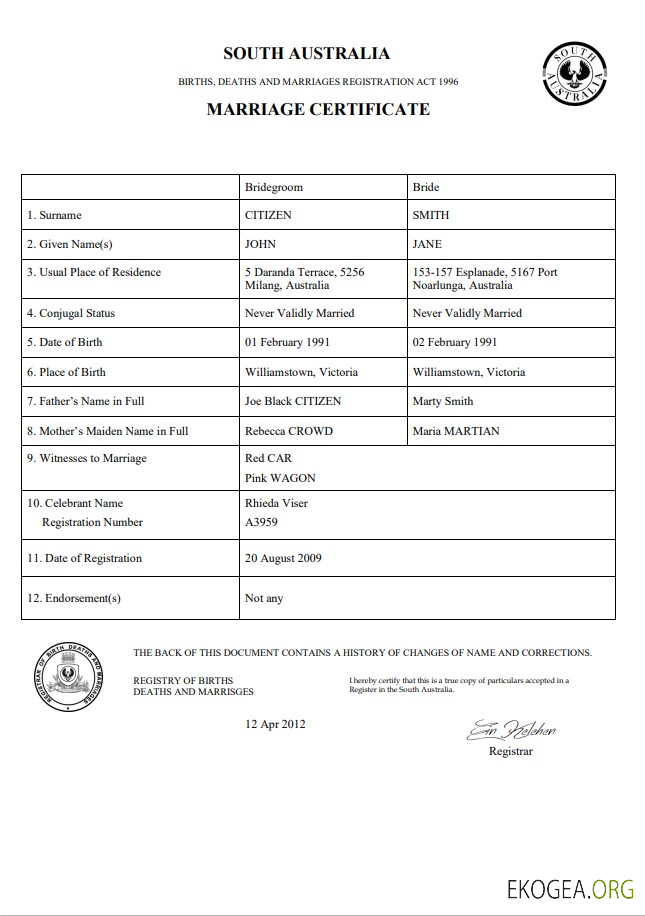 Modèle de certificat de mariage Australie Australie Méridionale dans Word
